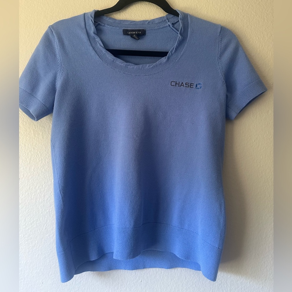 Light Blue Chase Bank Uniform Lands End XS short sleeve sweater top